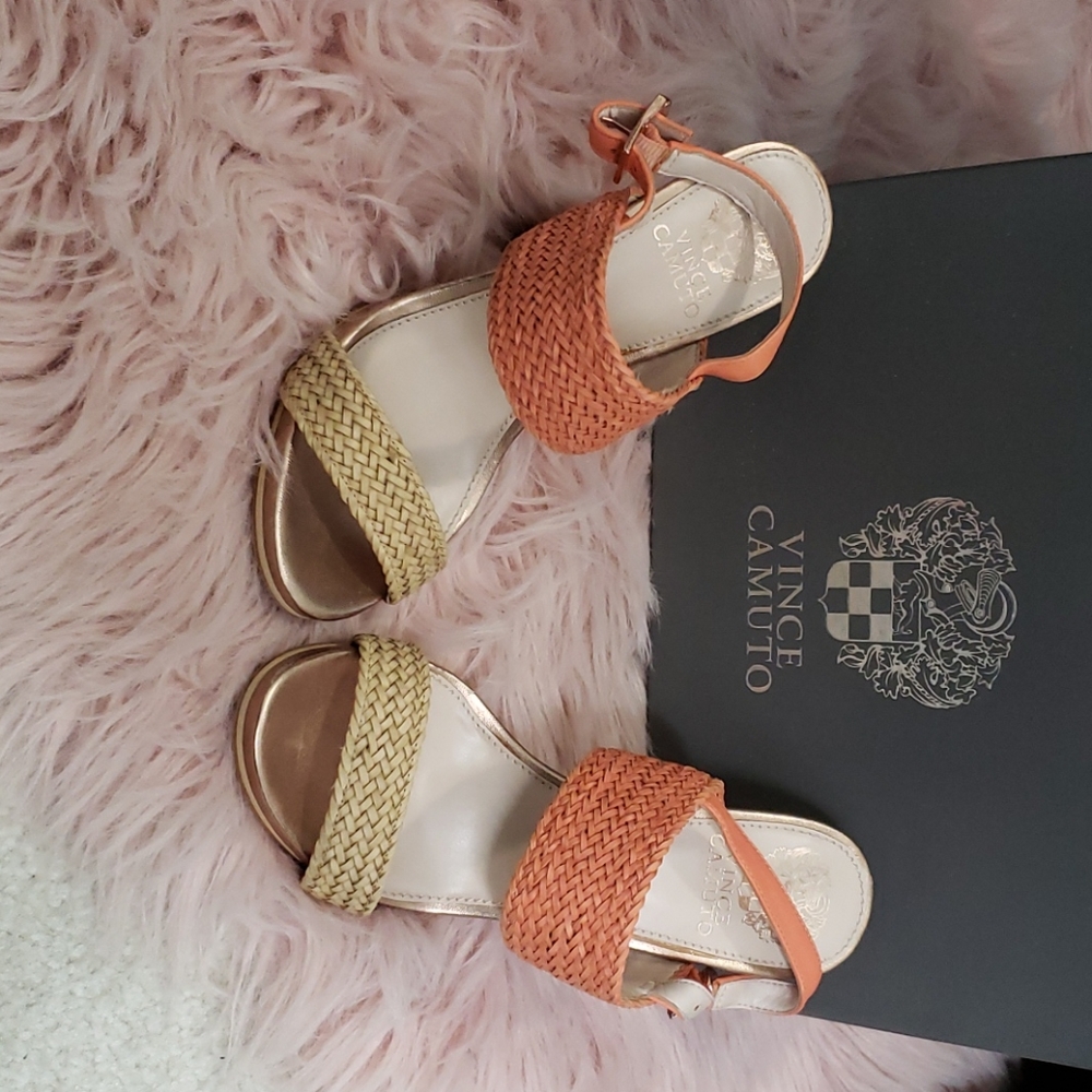 A pair of Vince Camuto high heel sandals.